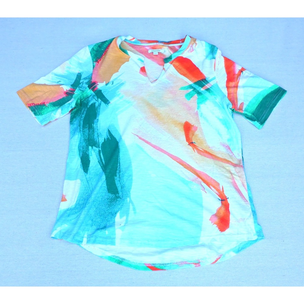 Chicos Womens 1 US M Multi Abstract Watercolor Print Cotton Split Neck Tee Soft